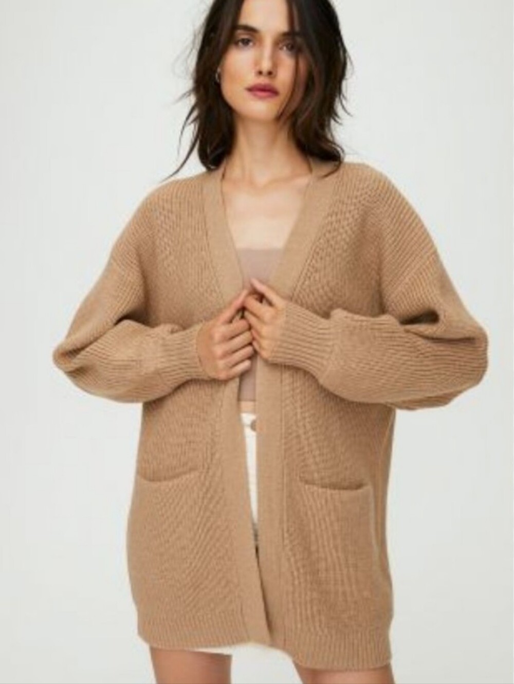 Aritzia Wilfred Free camel color merino wool open-front cardigan sweater